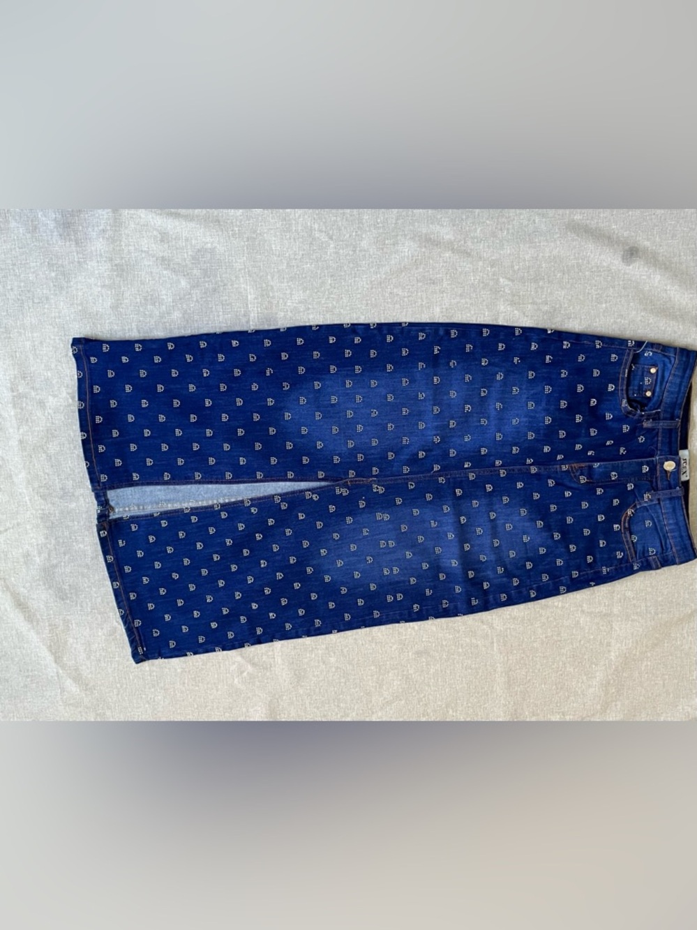 Denim Midi Skirt in Navy with Monogram Print